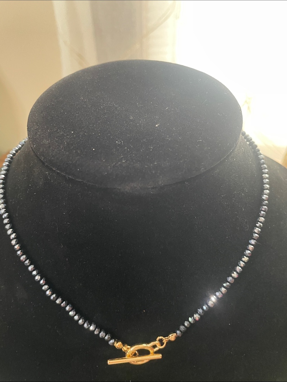 Source Unknown Charcoal Gray Beaded Necklace with Gold Toggle Clasp